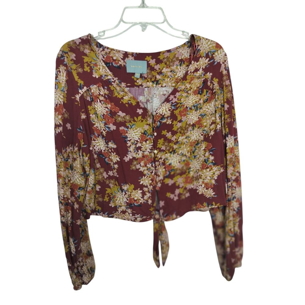 3956) Skies Are Blue Floral Maroon Yellow  Tie Front Cropped Blouse Large